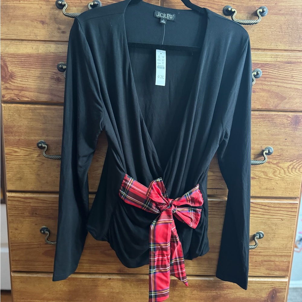 J. Crew Black Wrap Top with Red Plaid Waist Tie